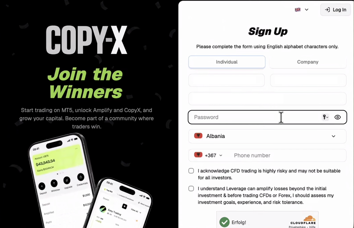 COPY-X sign-up form