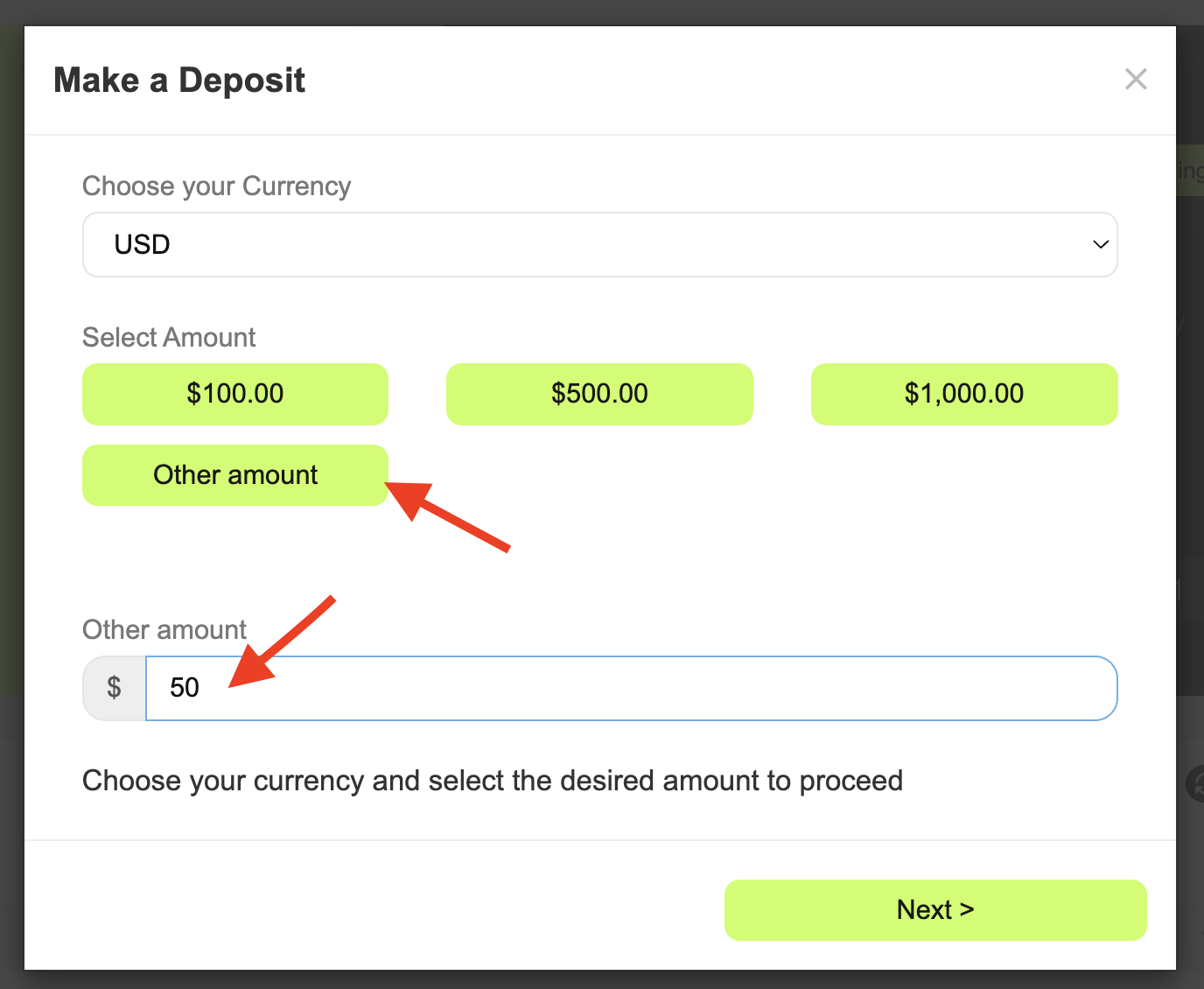Enter a custom $50 deposit amount