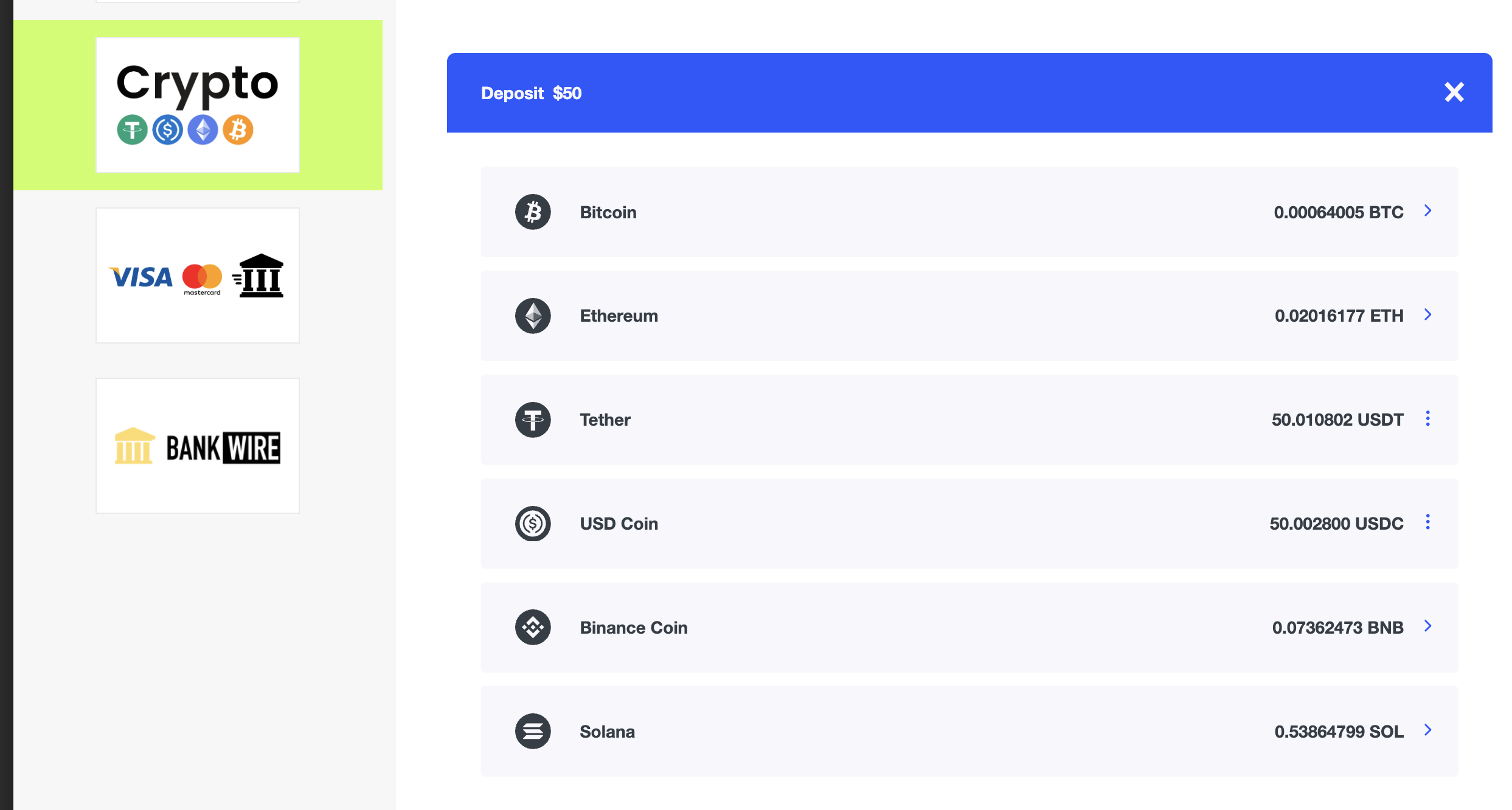 Select a cryptocurrency for the deposit