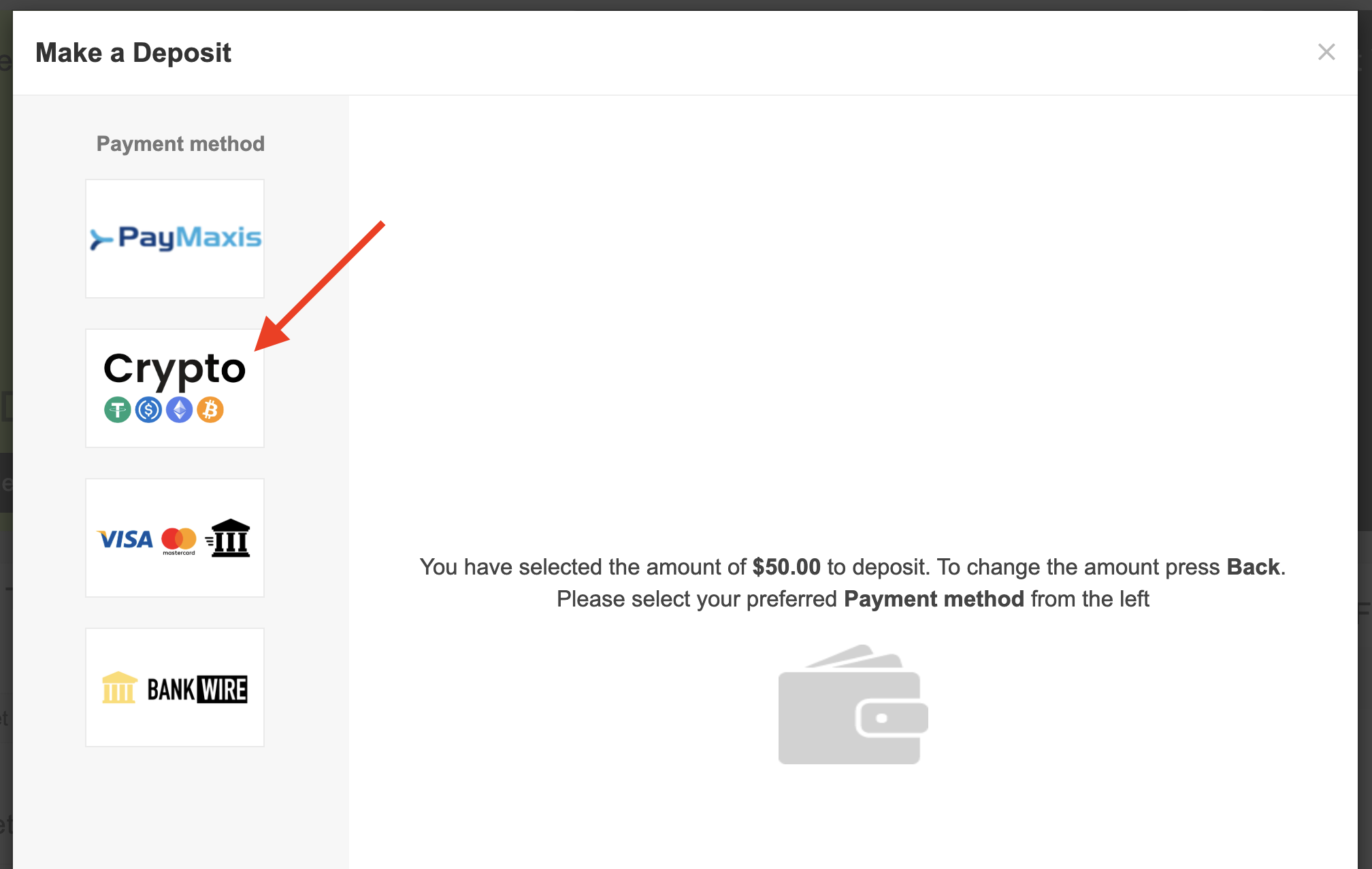 Select Crypto as the payment method