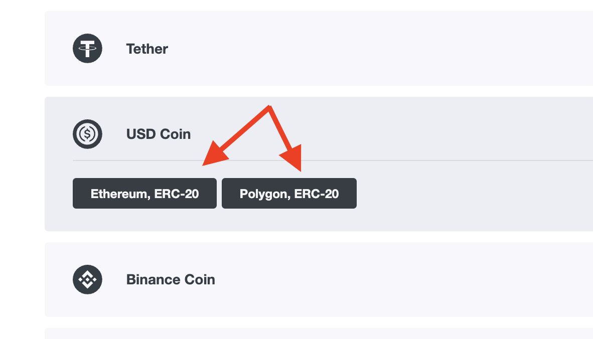 Choose the USDC deposit network