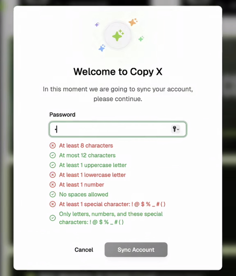 COPY-X account sync password requirements