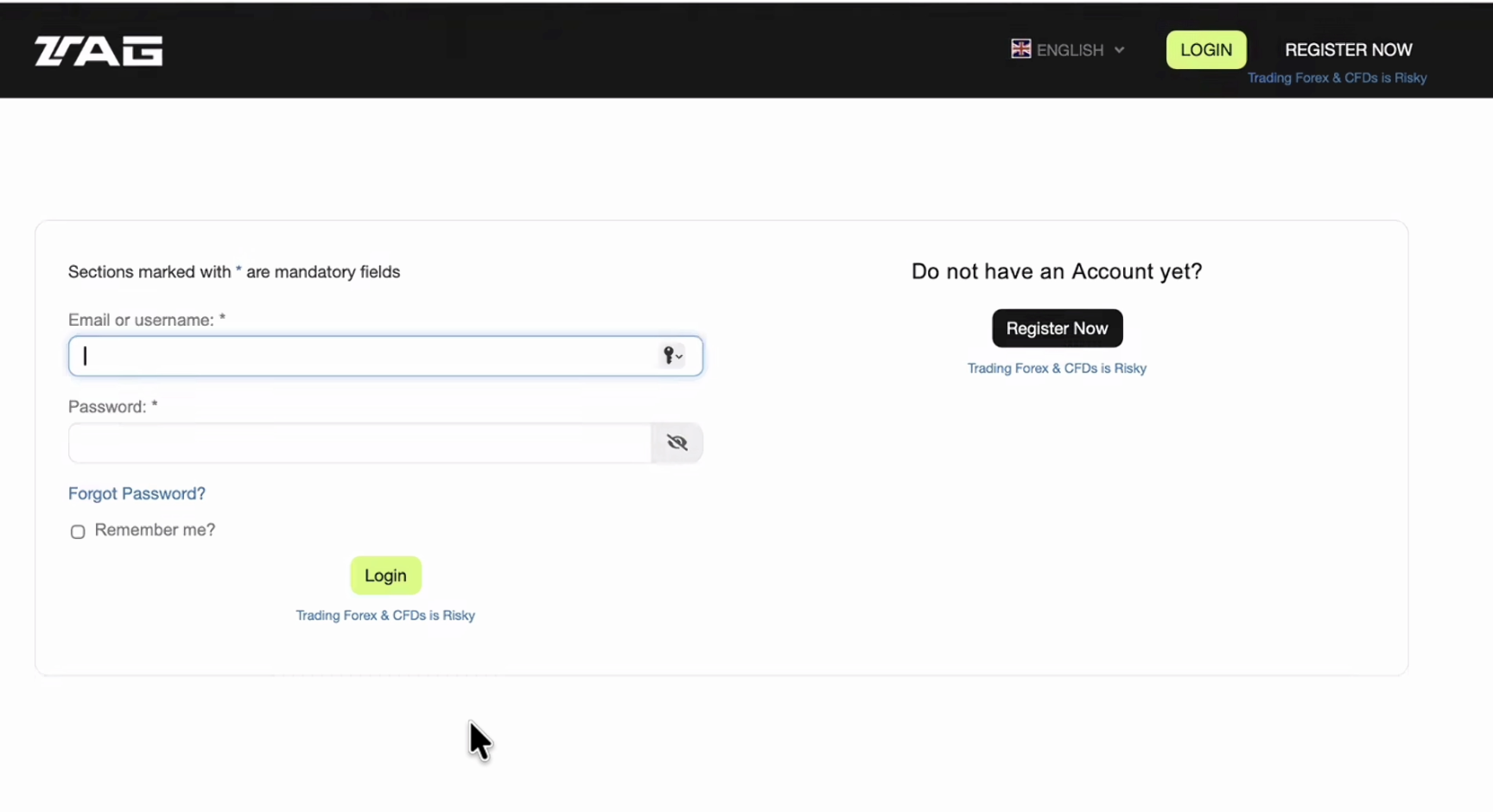 TAG Markets login form