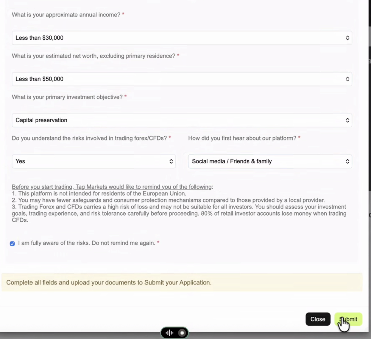 TAG Markets financial information questionnaire